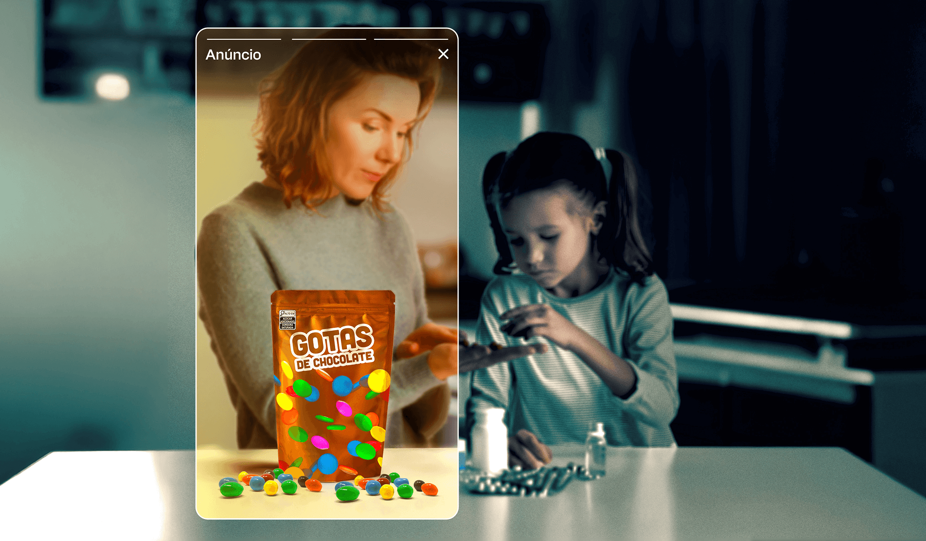 Contraste visual entre a publicidade de um alimento ultraprocessado ('Gotas de Chocolate') e a cena de uma criança manuseando remédios, simbolizando o impacto na saúde infantil.